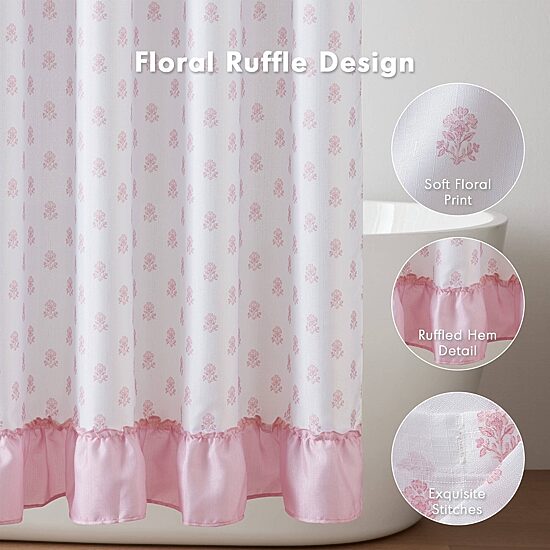 Intelligent Design Savanna Floral Ruffle Shower Curtain with 12 Roller Ball Hooks