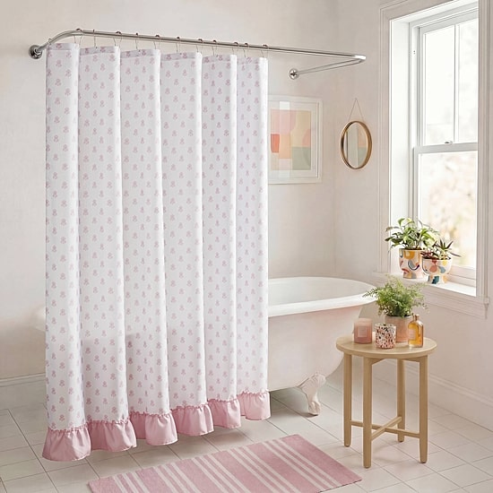 Intelligent Design Savanna Floral Ruffle Shower Curtain with 12 Roller Ball Hooks