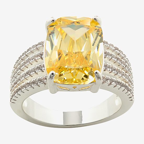 Sparkle Allure Womens Yellow Cubic Zirconia Pure Silver Over Brass Cushion Cocktail Ring