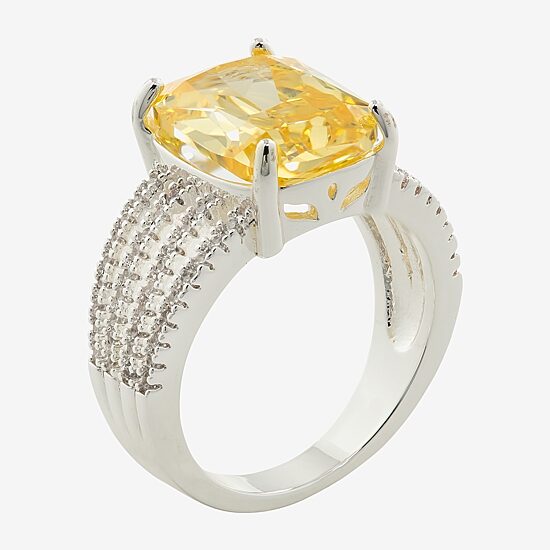 Sparkle Allure Womens Yellow Cubic Zirconia Pure Silver Over Brass Cushion Cocktail Ring