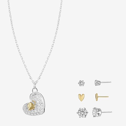 Sparkle Allure Womens Cubic Zirconia 14K Gold Over Brass Pure Silver Over Brass Heart 4-pc. Jewelry Set, One Size, Silver