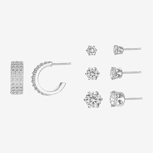 Sparkle Allure Womens Cubic Zirconia Pure Silver Over Brass Round 4 Pair Jewelry Set, One Size, Silver