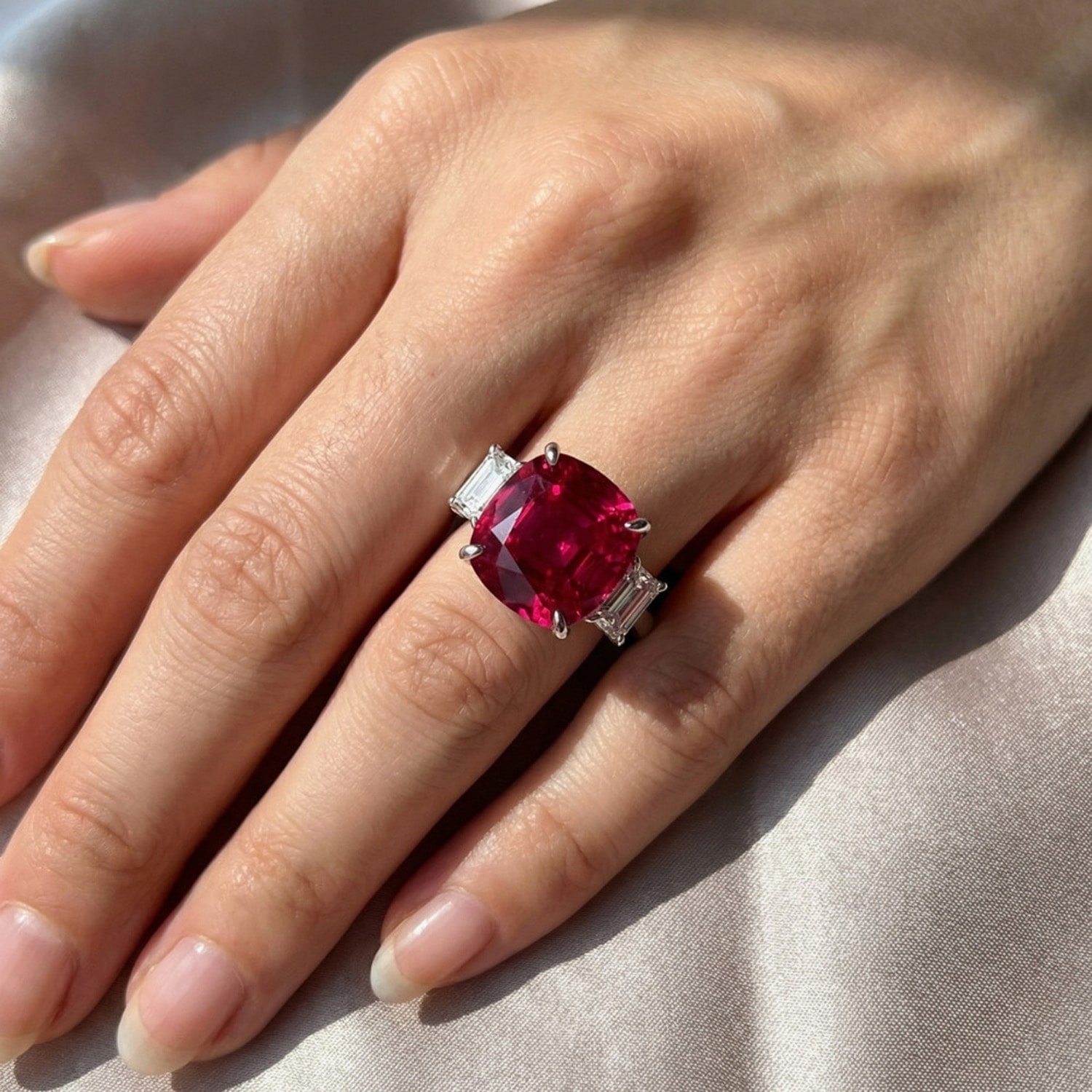 Womens 1 CT. T.W. Lab Created Red Ruby 14K Gold Cushion 3-Stone Cocktail Ring
