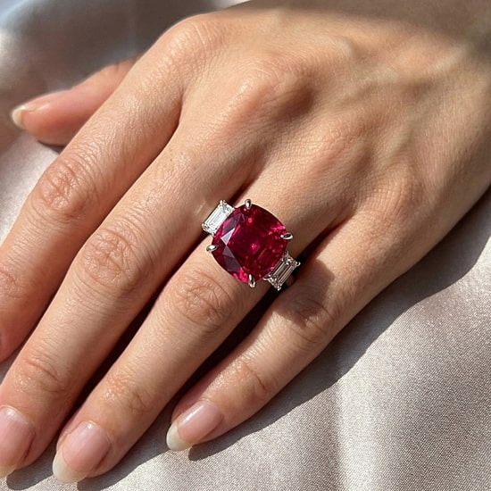Womens 1 CT. T.W. Lab Created Red Ruby 14K Gold Cushion 3-Stone Cocktail Ring