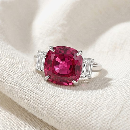 Womens 1 CT. T.W. Lab Created Red Ruby 14K Gold Cushion 3-Stone Cocktail Ring