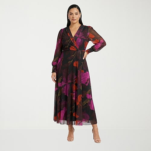 Clover And Sloane Womens Plus V Neck Long Sleeve Balloon Maxi Dress In Black