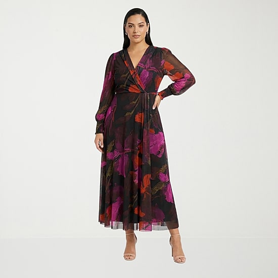 Clover And Sloane Womens Plus V Neck Long Sleeve Balloon Maxi Dress