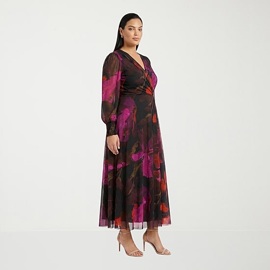 Clover And Sloane Womens Plus V Neck Long Sleeve Balloon Maxi Dress