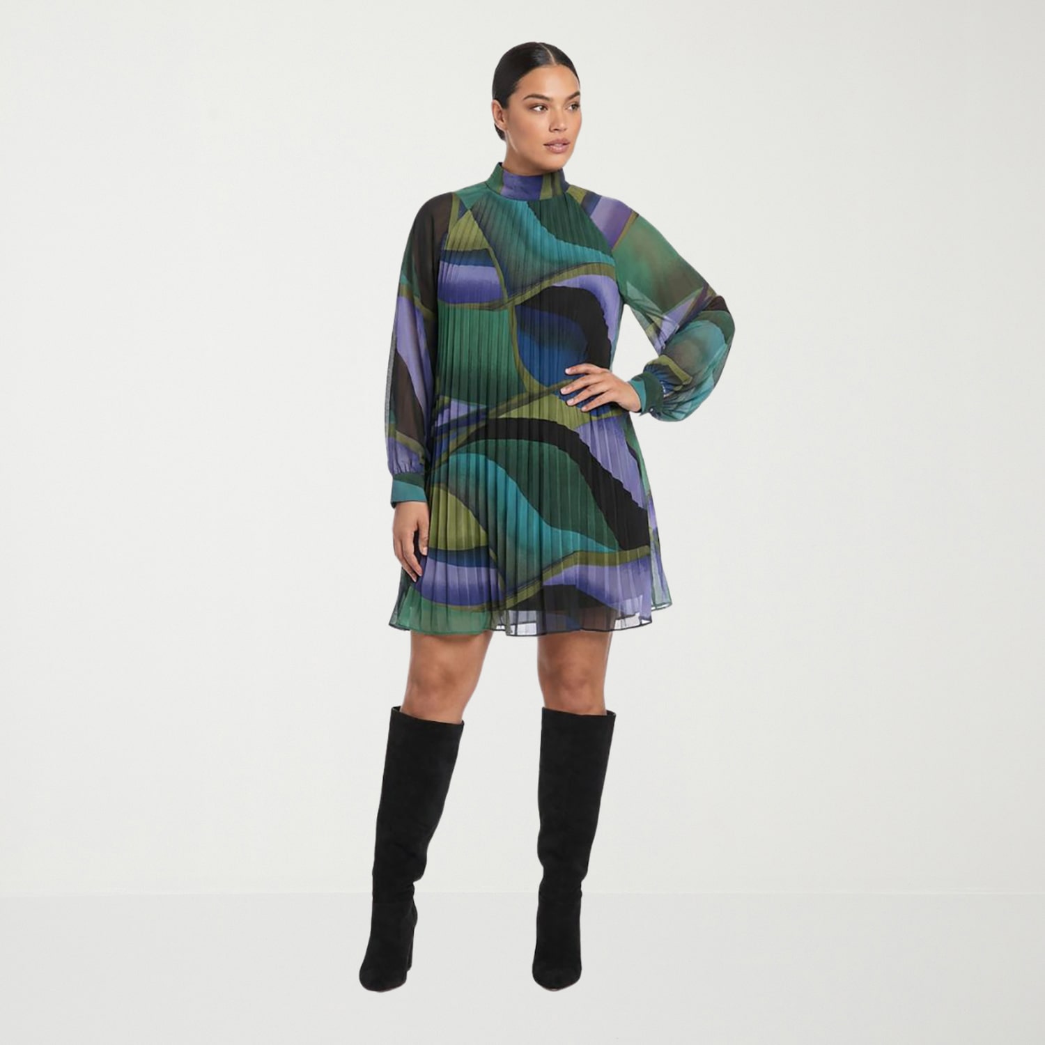 London Times Womens Plus Split Tie Neck Long Sleeve Abstract Shift Dress