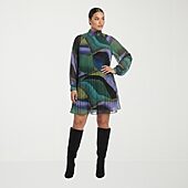 London Times Womens Plus Split Tie Neck Long Sleeve Abstract Shift Dress