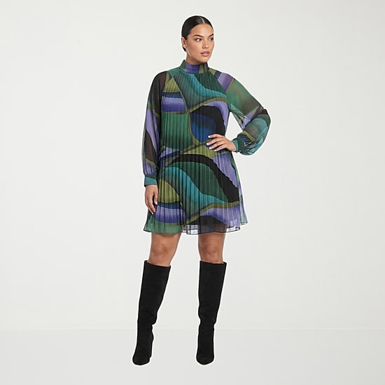 London Times Womens Plus Split Tie Neck Long Sleeve Abstract Shift Dress