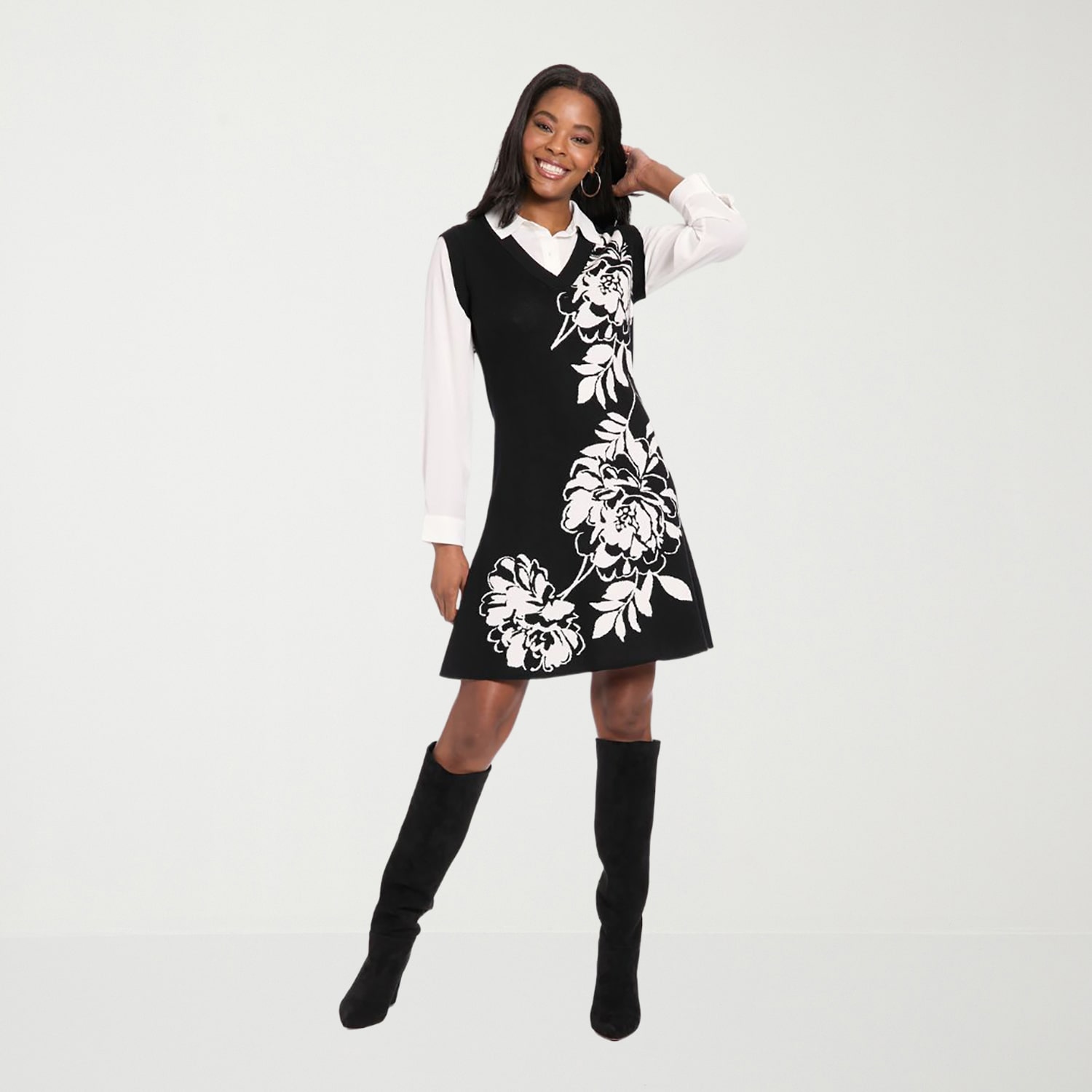 London Times Womens V Neck Long Sleeve Fitted Floral Fit + Flare Dress