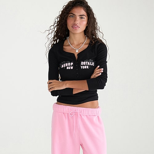 Aéropostale Womens Long Sleeve Regular Fit Henley Shirt In Black