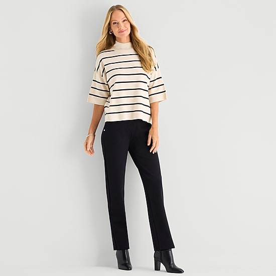 Liz Claiborne Womens Mock Neck Short Sleeve Striped Pullover Sweater