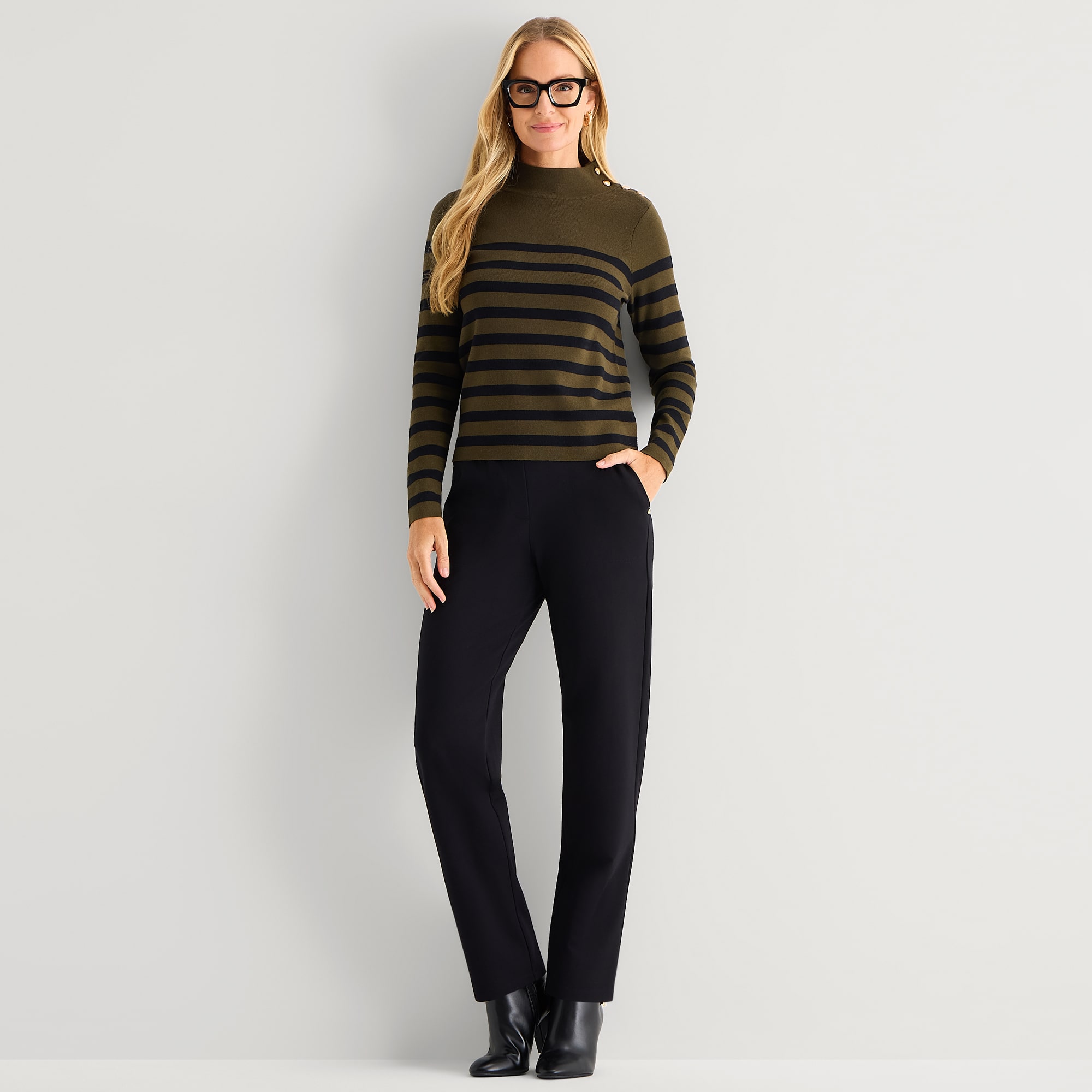 Liz Claiborne Womens Mock Neck Embellished Long Sleeve Striped Pullover Sweater