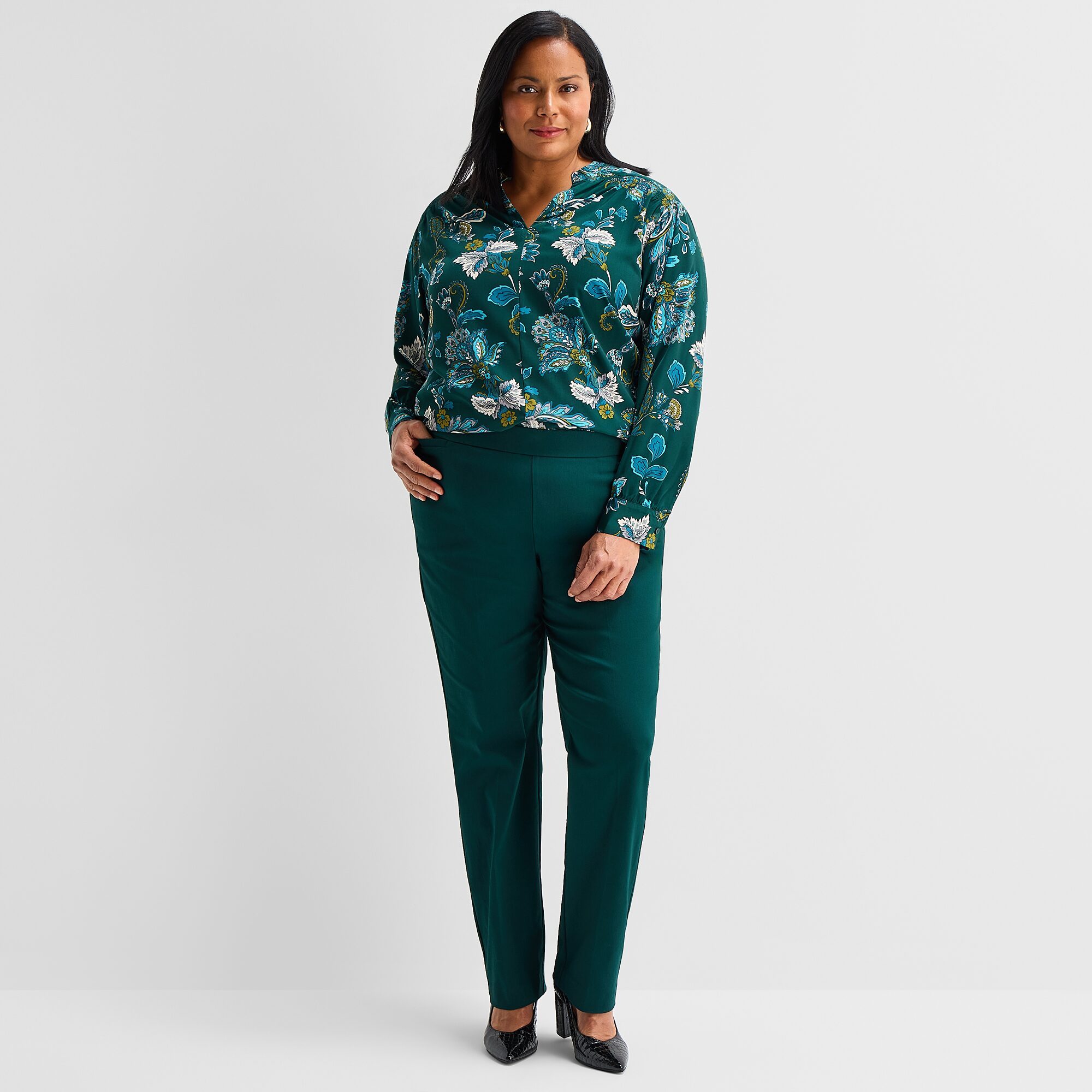 Liz Claiborne Womens Plus V Neck Long Sleeve Blouse