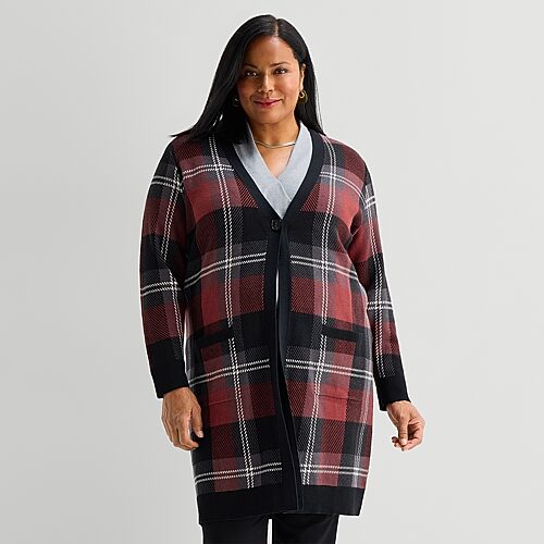 Liz Claiborne Plus Womens Crew Neck Long Sleeve Plaid Pullover Sweater In Brown