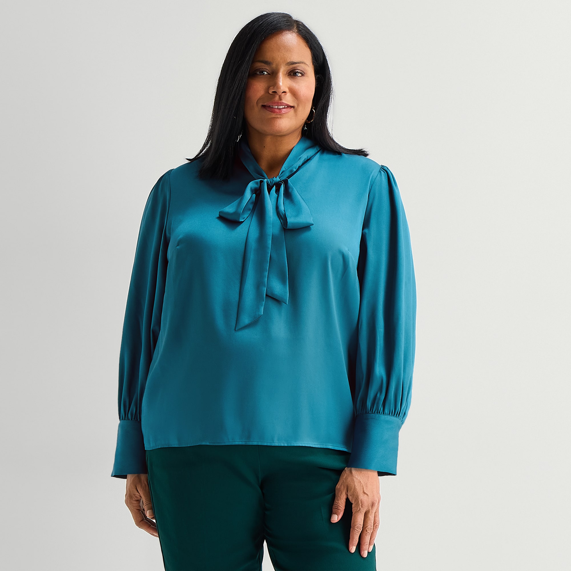 Liz Claiborne Womens Plus Split Tie Neck Long Sleeve Blouse