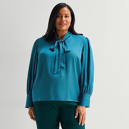 Liz Claiborne Womens Plus Split Tie Neck Long Sleeve Blouse In Blue