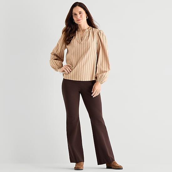 Liz Claiborne Womens Split Crew Neck Long Sleeve Blouse