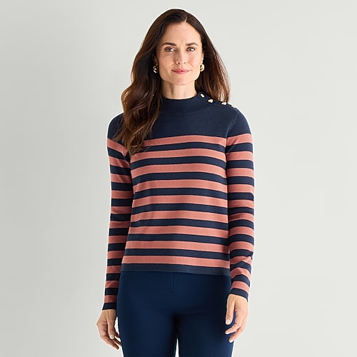 Liz Claiborne Womens Mock Neck Long Sleeve Striped Pullover Sweater In Blue