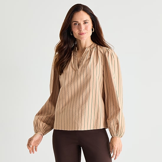 Liz Claiborne Womens Split Crew Neck Long Sleeve Blouse