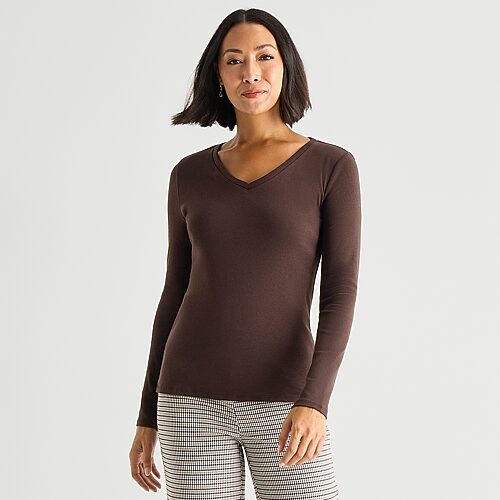 Liz Claiborne Womens V Neck Long Sleeve T-Shirt, Large, Brown
