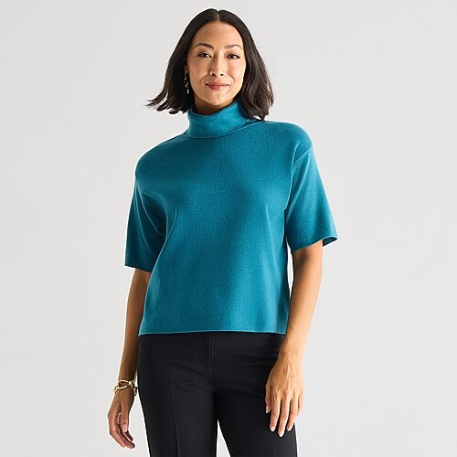 Liz Claiborne Womens Turtleneck Elbow Sleeve Pullover Sweater In Blue