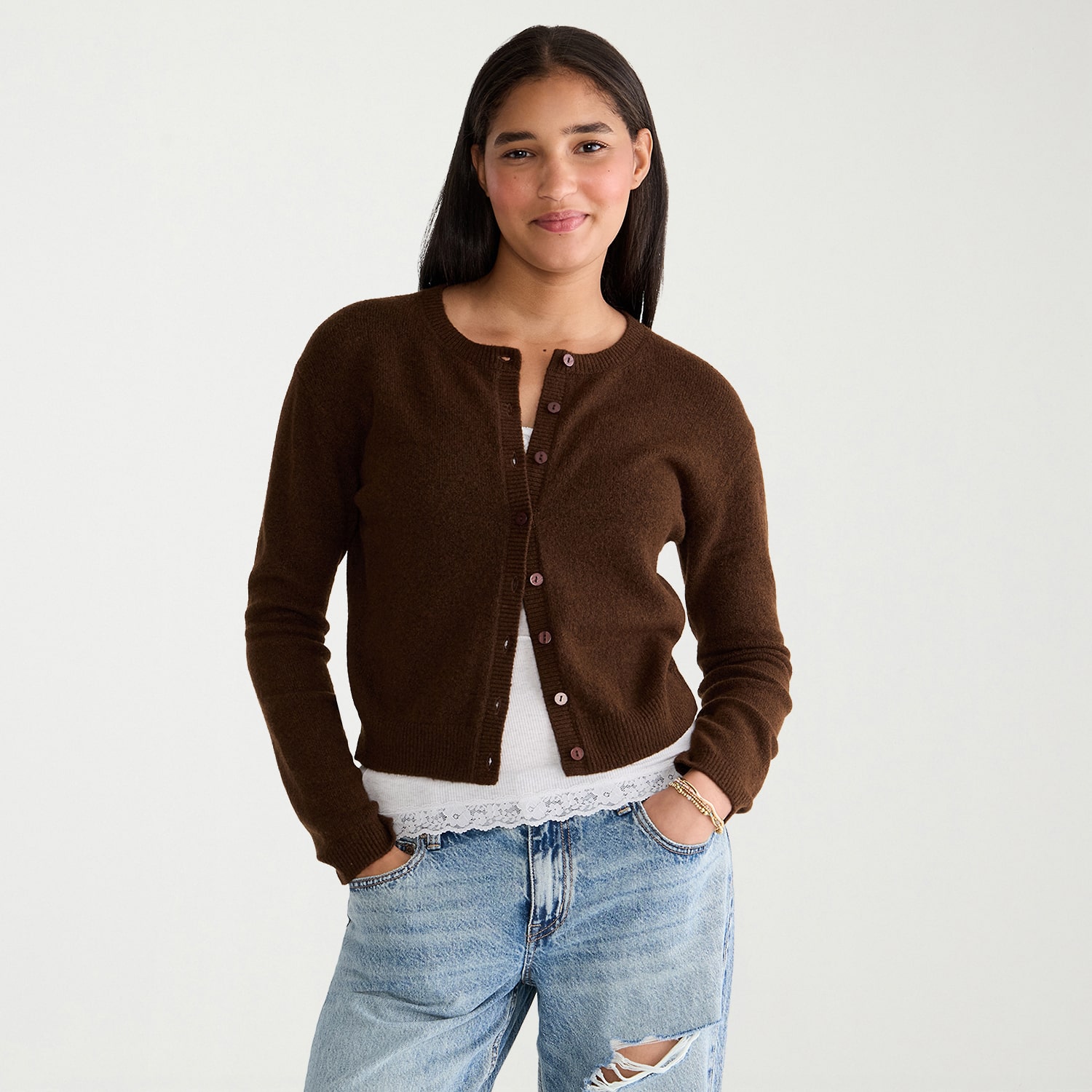 AEROPOSTALE Womens Split Crew Neck Long Sleeve Zipper Juniors Cardigan