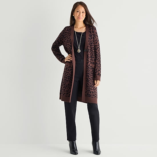 Liz Claiborne Womens Long Sleeve Button Tall Leopard Cardigan