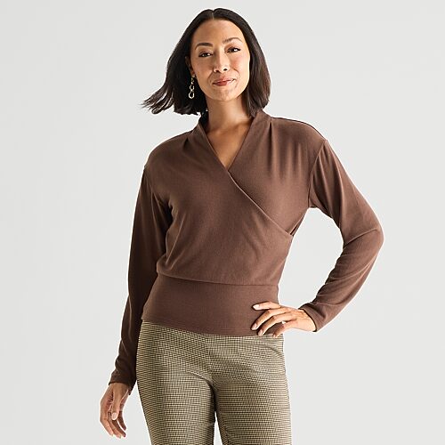 Liz Claiborne Womens V Neck Long Sleeve Faux Wrap Shirt, Xx-large, Brown