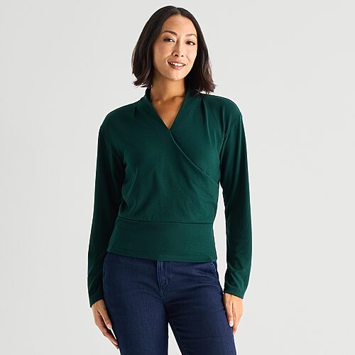 Liz Claiborne Womens V Neck Long Sleeve Faux Wrap Shirt, X-large, Green