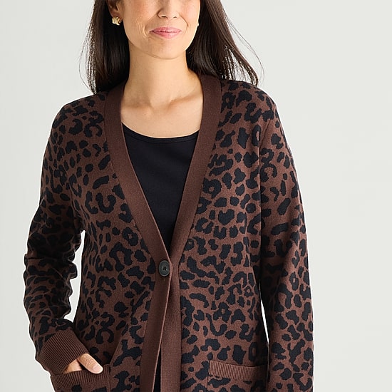 Liz Claiborne Womens Long Sleeve Button Tall Leopard Cardigan