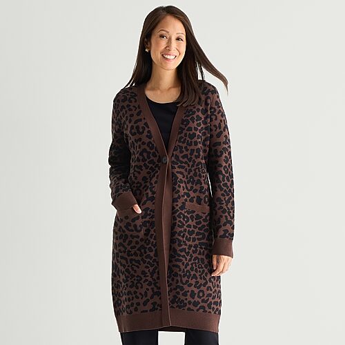 Liz Claiborne Womens Y Neck Long Sleeve Button Tall Leopard Cardigan In Brown