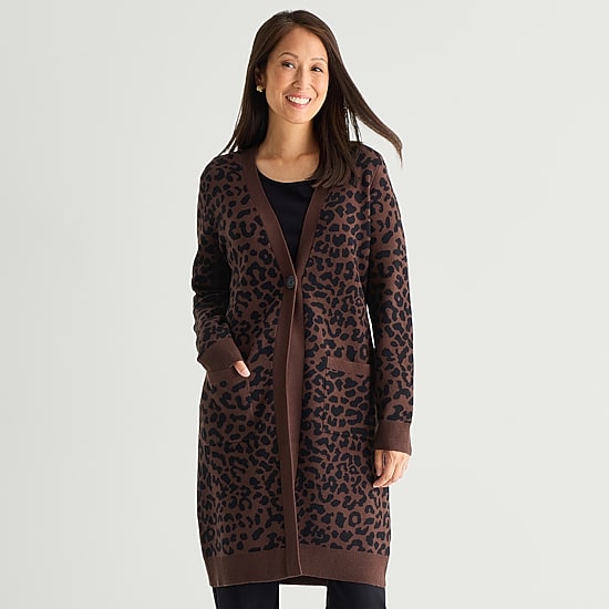 Liz Claiborne Womens Long Sleeve Button Tall Leopard Cardigan