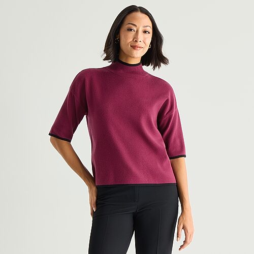 Liz Claiborne Womens Mock Neck Short Sleeve Striped Pullover Sweater In Purple