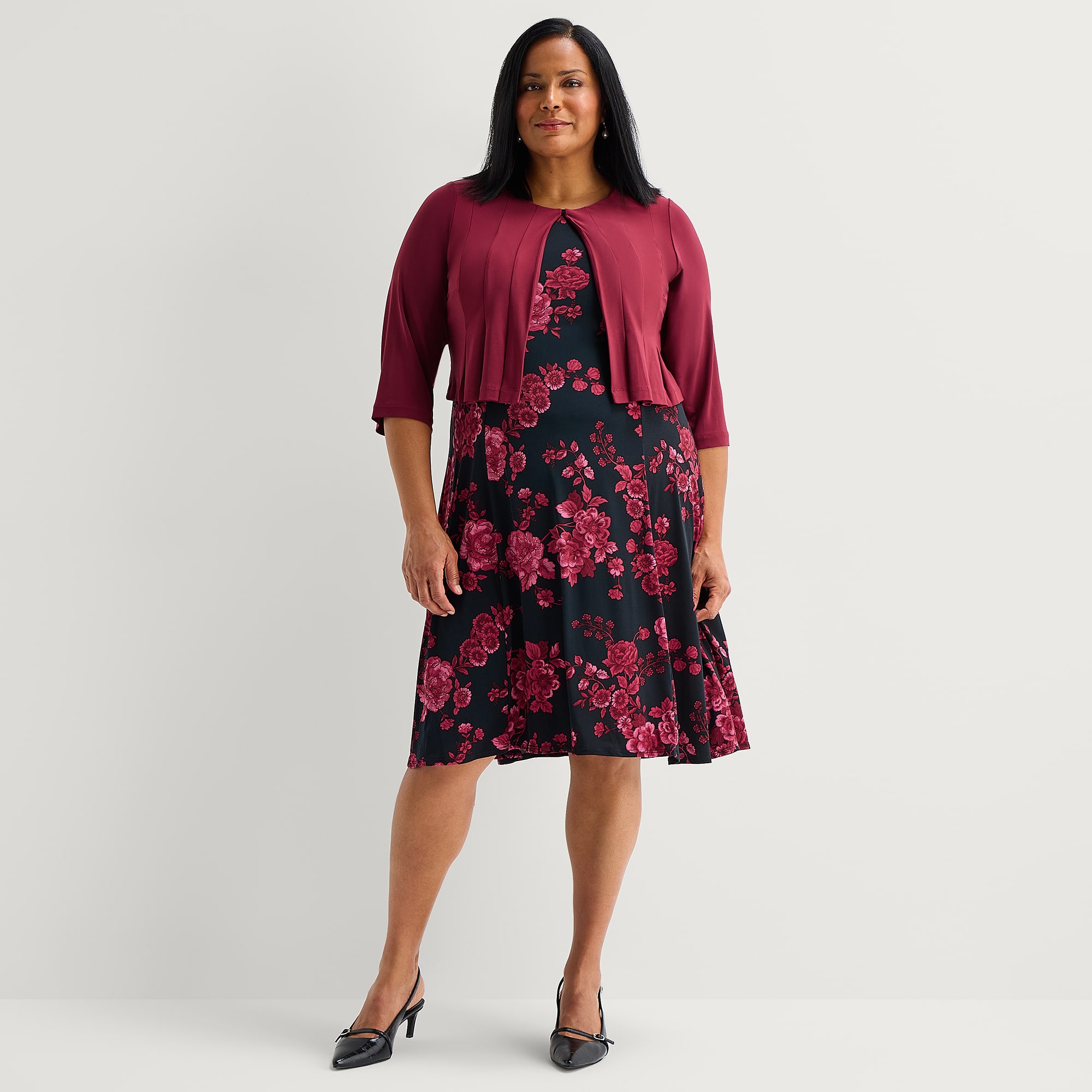 Danny & Nicole Womens Plus Midi Floral Jacket Dress