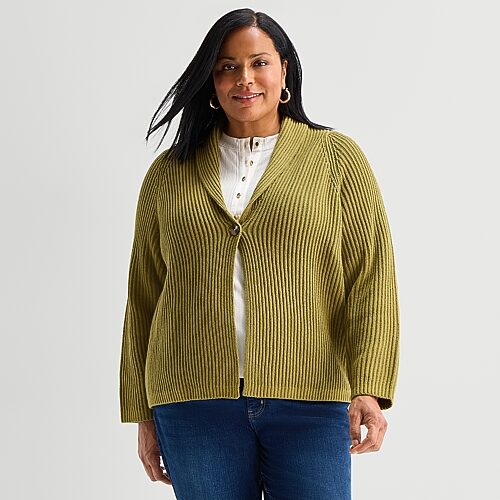Liz Claiborne Womens Long Sleeve Button Plus Cardigan In Green
