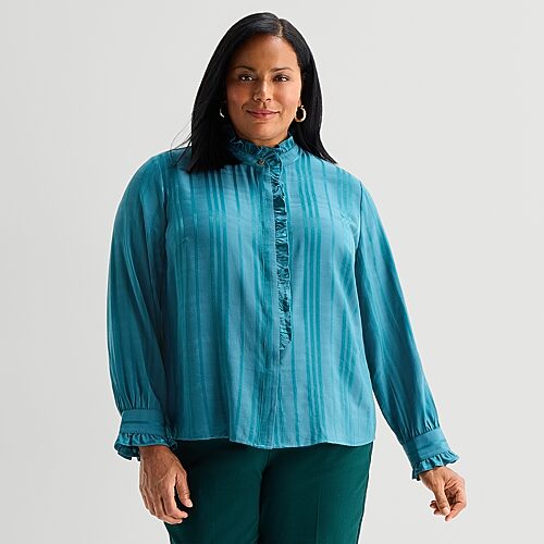 Liz Claiborne Womens Plus Mock Neck Long Sleeve Blouse In Blue