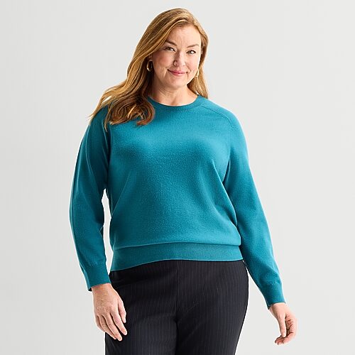 Liz Claiborne Plus Luxe Womens Crew Neck Long Sleeve Pullover Sweater In Blue