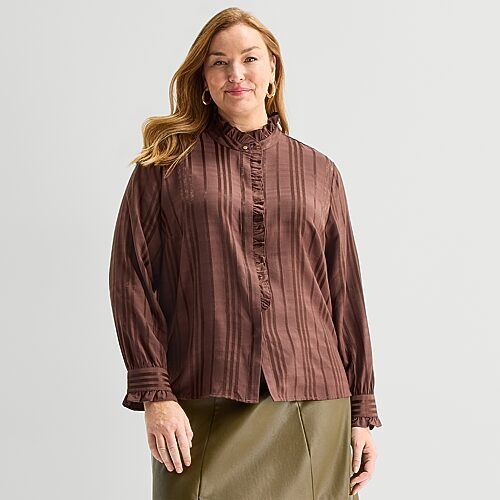 Liz Claiborne Womens Plus Mock Neck Long Sleeve Blouse In Multi