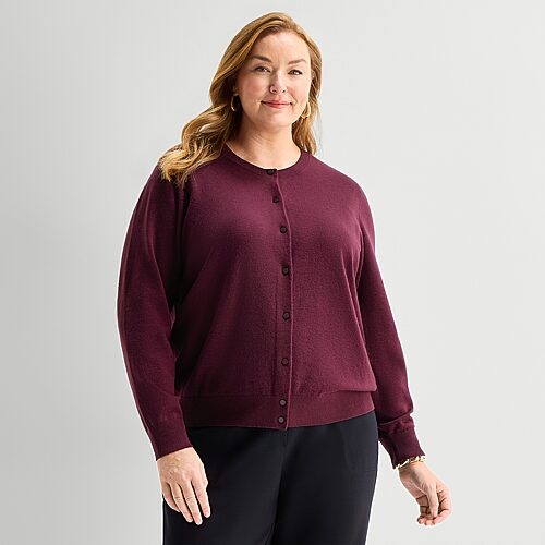 Liz Claiborne Luxe Womens Crew Neck Long Sleeve Button Plus Striped Cardigan In Purple