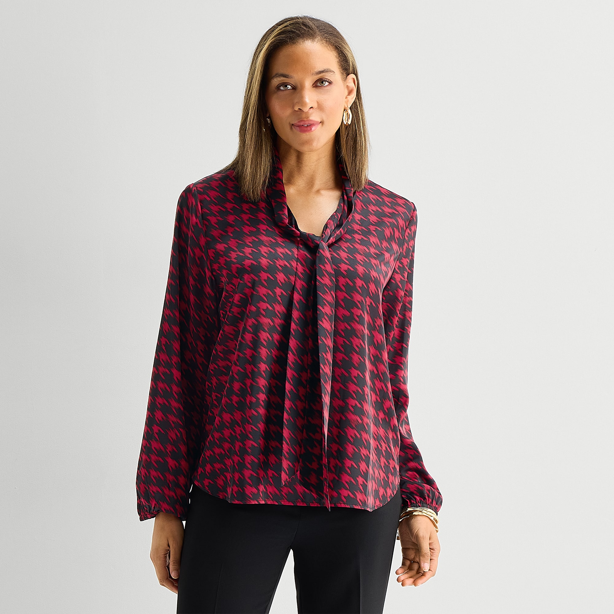 Black Label by Evan-Picone Womens Split Tie Neck Long Sleeve Blouse