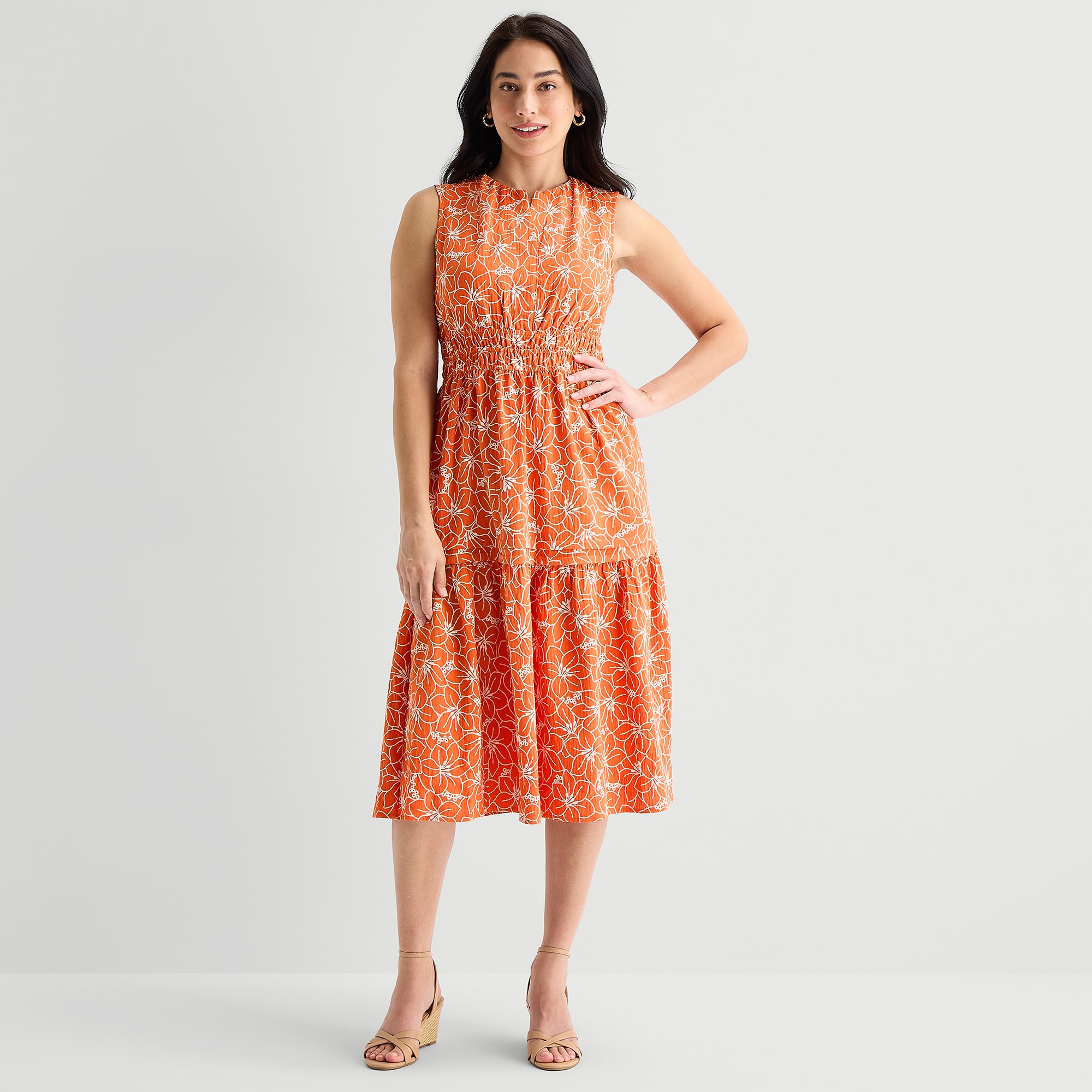 Robbie Bee Womens Midi V Neck Sleeveless Floral Fit + Flare Dress
