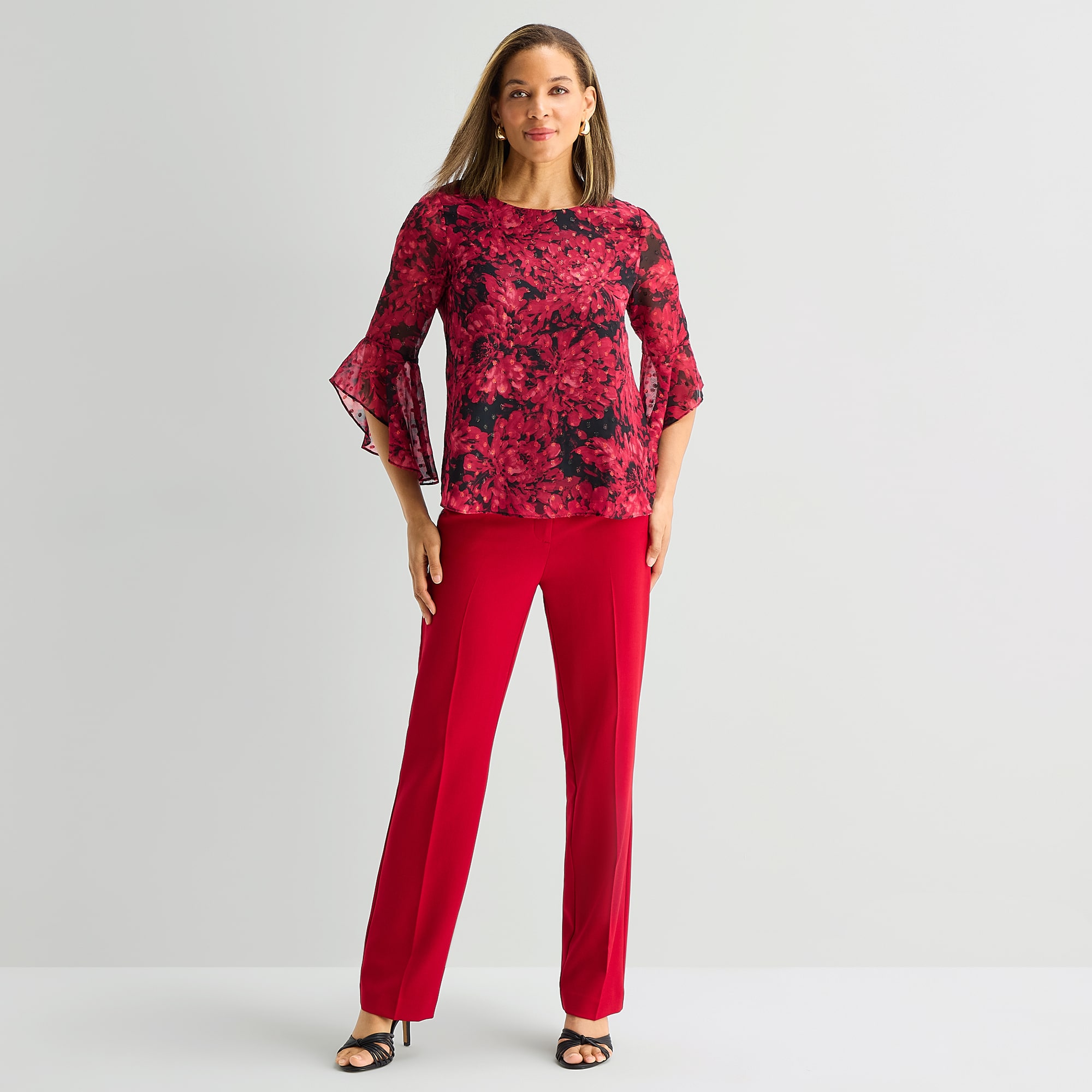 Black Label by Evan-Picone Womens Round Neck 3/4 Sleeve Blouse