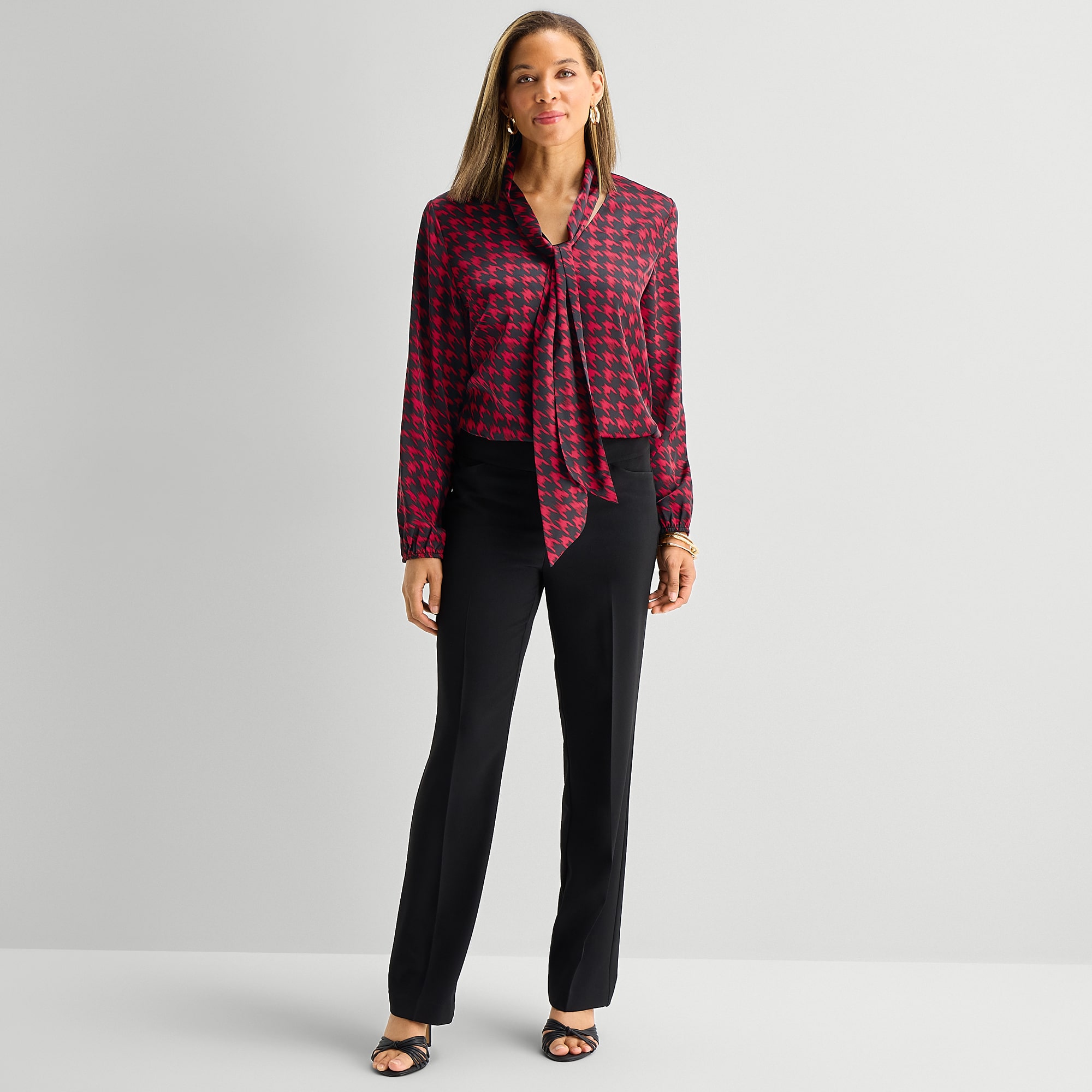 Black Label by Evan-Picone Womens Split Tie Neck Long Sleeve Blouse