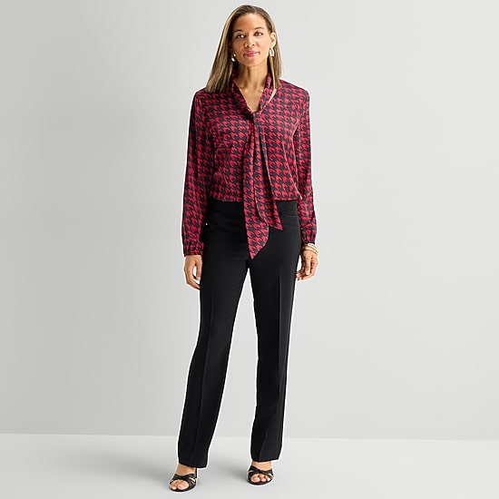 Black Label by Evan-Picone Womens Split Tie Neck Long Sleeve Blouse