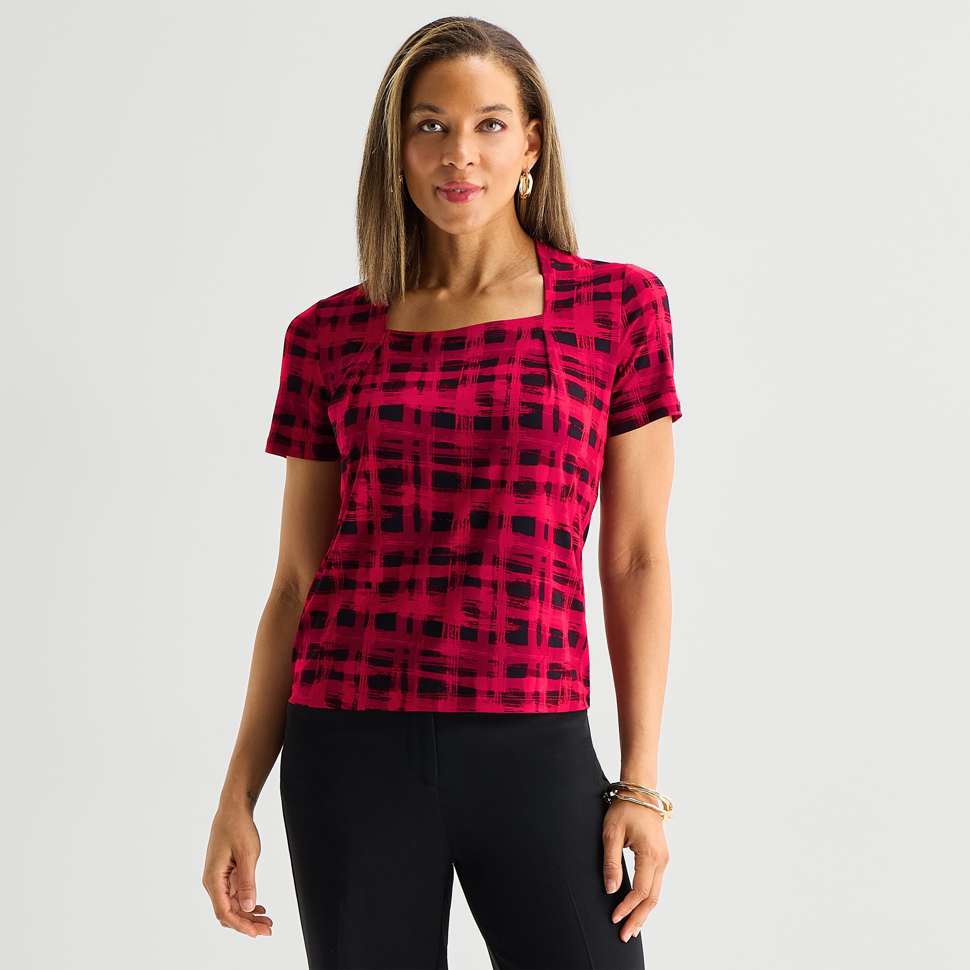 Black Label by Evan-Picone Womens Square Neck Short Sleeve Blouse