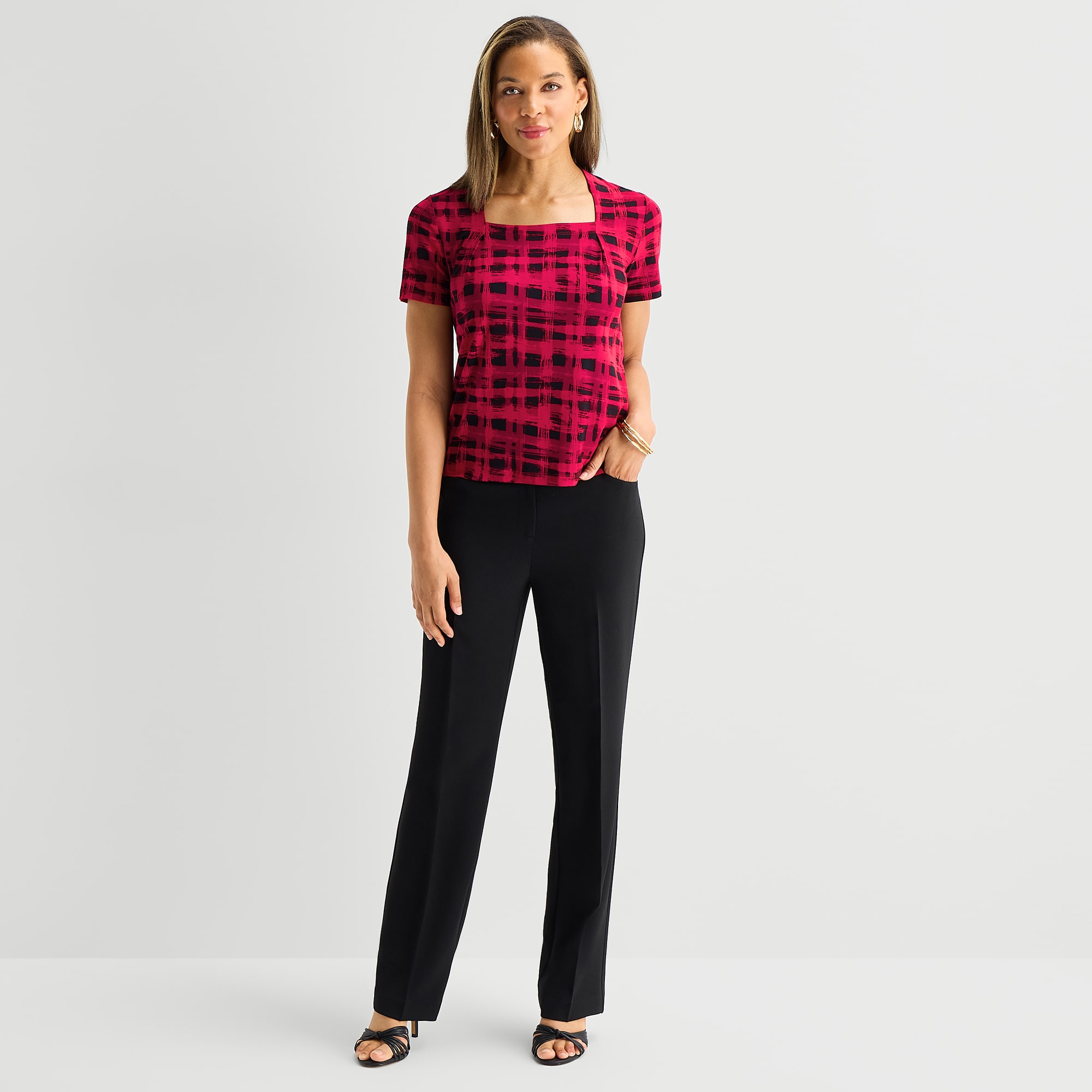 Black Label by Evan-Picone Womens Square Neck Short Sleeve Blouse