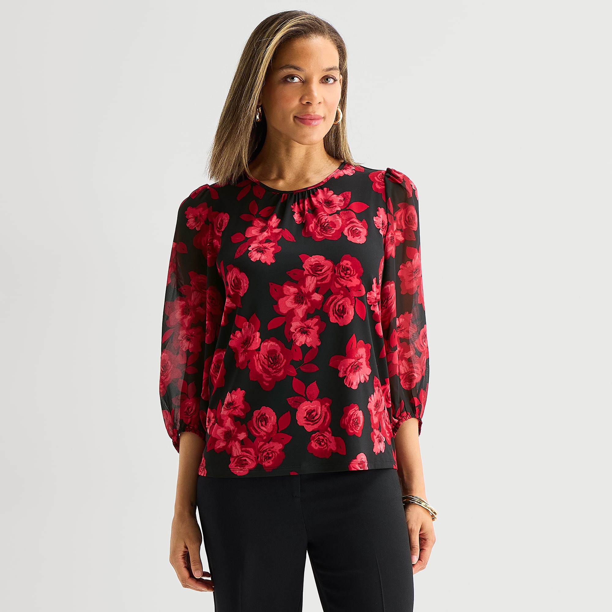Black Label by Evan-Picone Womens Round Neck Long Sleeve Blouse